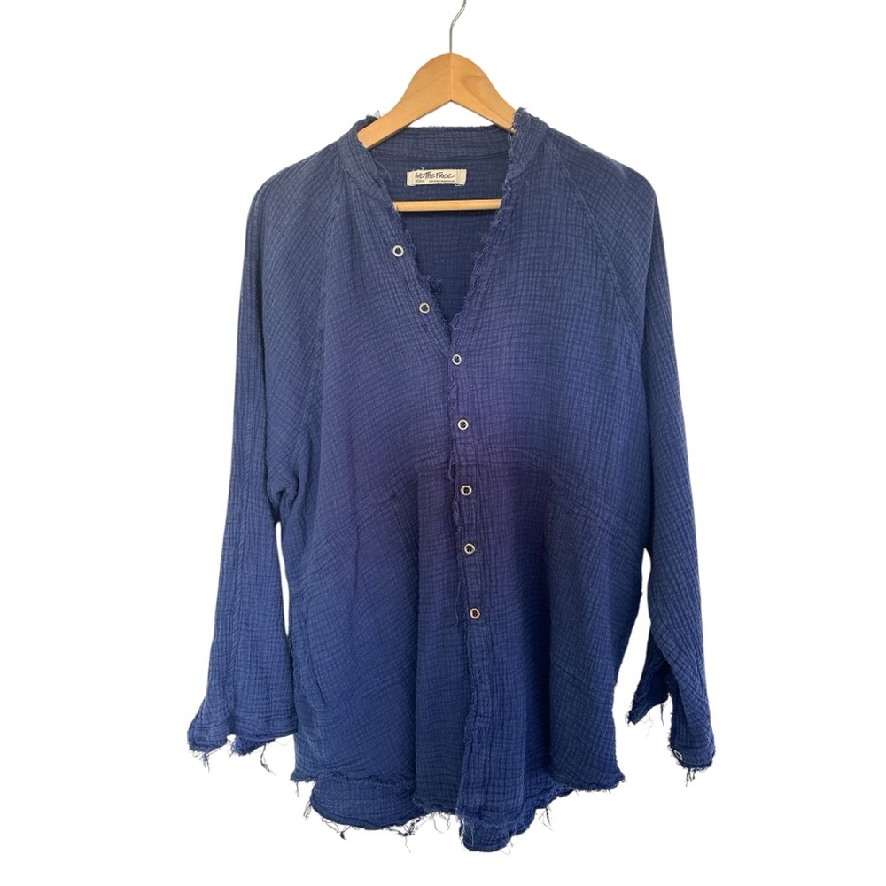 Free people summer daydream indigo Blue button down shirt Top M~boho chic,Gypsy - Picture 5 of 6